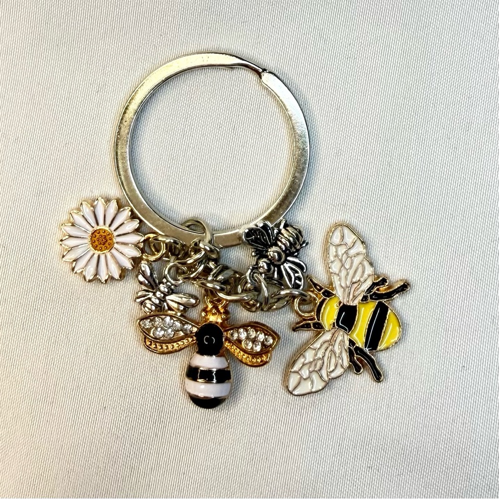 Silver and Gold Bees and Flower Bag Charm/Key Holder